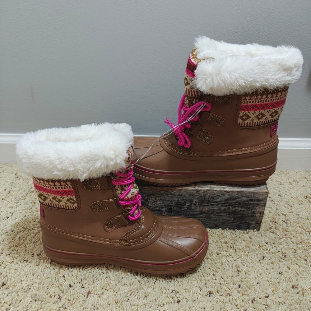 New London Fog Girls Tottenham Snow Boots Size 3 Brown Pink Faux Fur